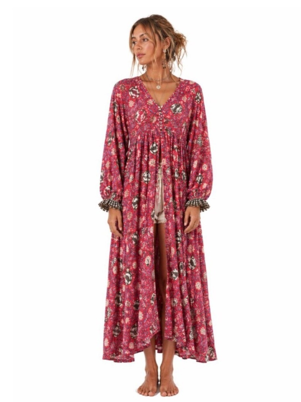 JodI Pink Boho Block Print Cotton Dress Kimono Style Size Large festival